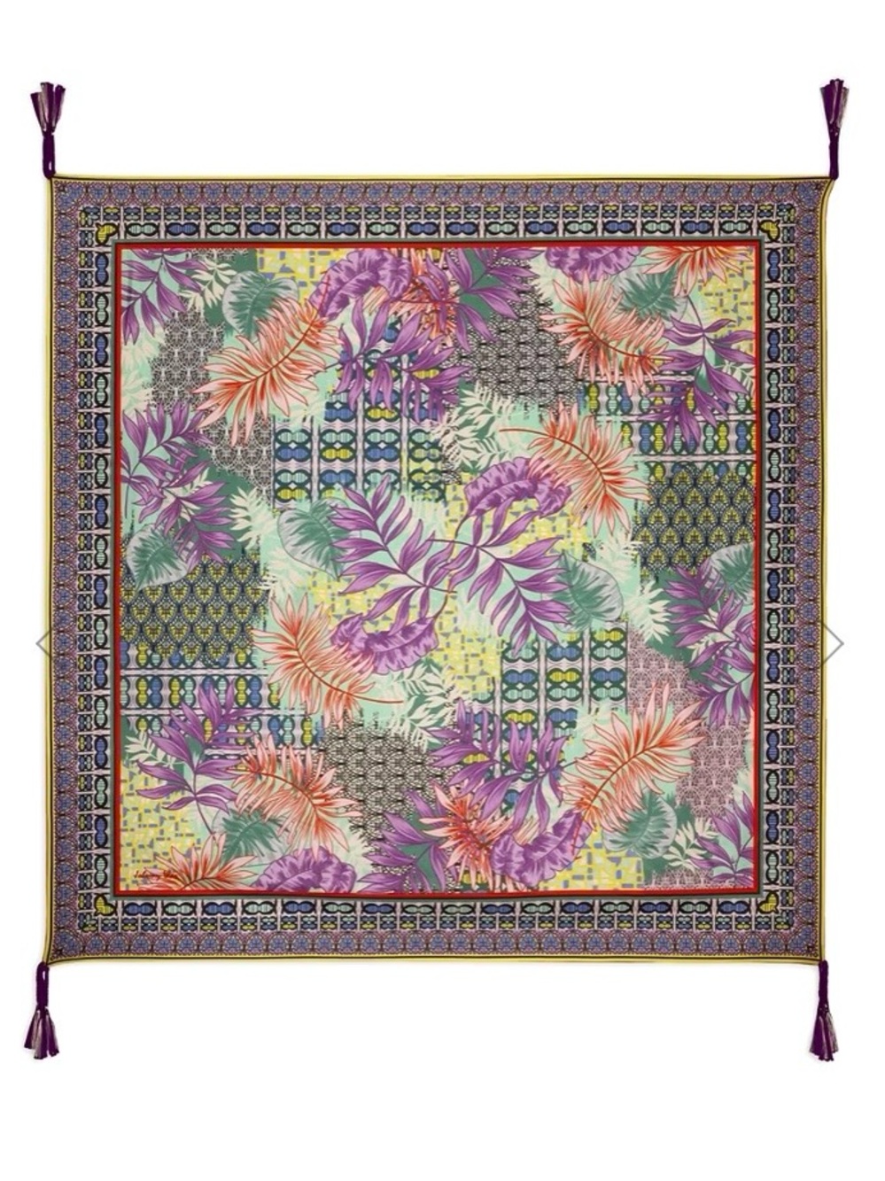 NEW Johnny Was Bordona Silk Scarf Botanical Floral Braided Tassels 44" x 44"